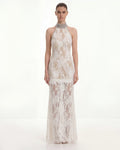 Jeweled Lace Halter Dress - White