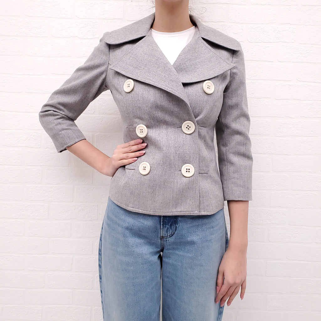 SMYTHE GREY DOUBLE BREASTED CROPPED PEACOAT JACKET WITH WHITE BUTTONS - SIZE 6