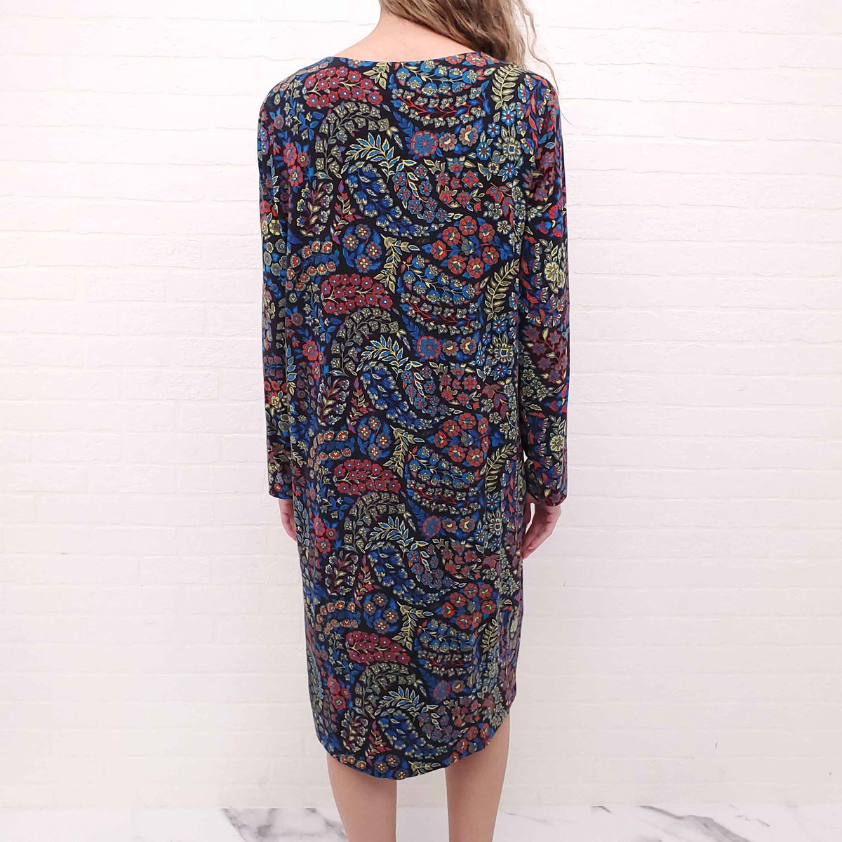 ETRO BLACK, BLUE, AND GREEN PATTERNED LONG SLEEVE MIDI DRESS - SIZE 46