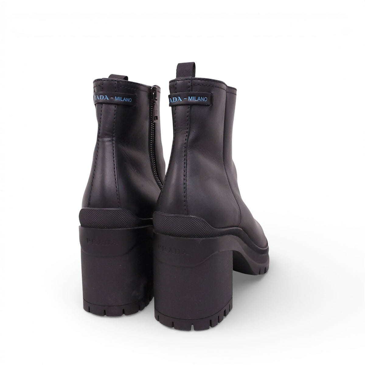 PRADA BLACK LEATHER BLOCK BOOTS WITH LOGO - SIZE 40.5