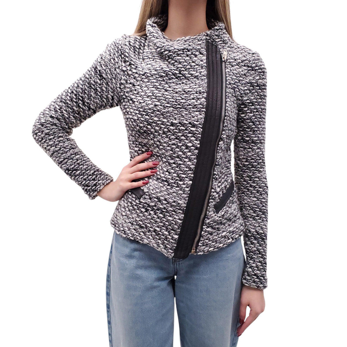 IRO KNIT JACKET WITH LEATHER ZIPUP DETAIL - SIZE 40