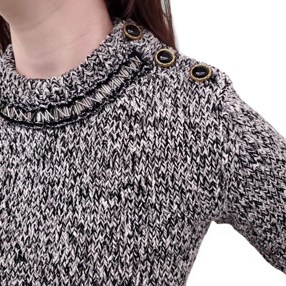 LOUIS VUITTON SALT AND PEPPER SHORT SLEEVE KNIT SWEATER WITH BEADS AND LOGO BUTTONS - SIZE XS