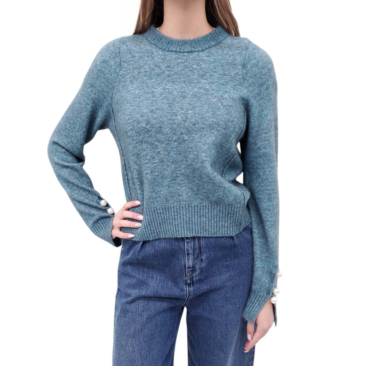 3.1 PHILLIP LIM TEAL SWEATER WITH PEARL DETAILS - SIZE S