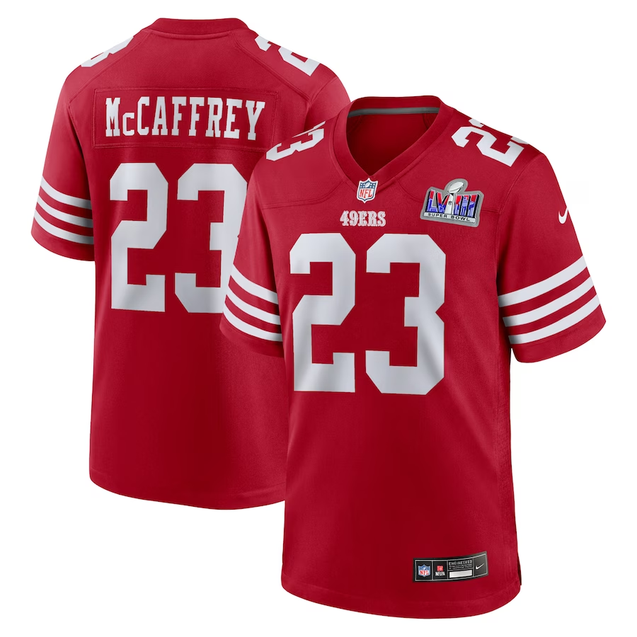 Men's San Francisco 49ers Christian McCaffrey #23 Scarlet Super Bowl LVIII Game jersey