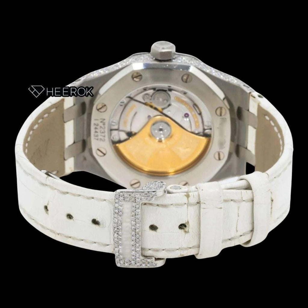 AP Royal Oak Full Pave Diamond Dial Black Stick Markers White Leather Strap Semi Iced Out Moissanite Watch