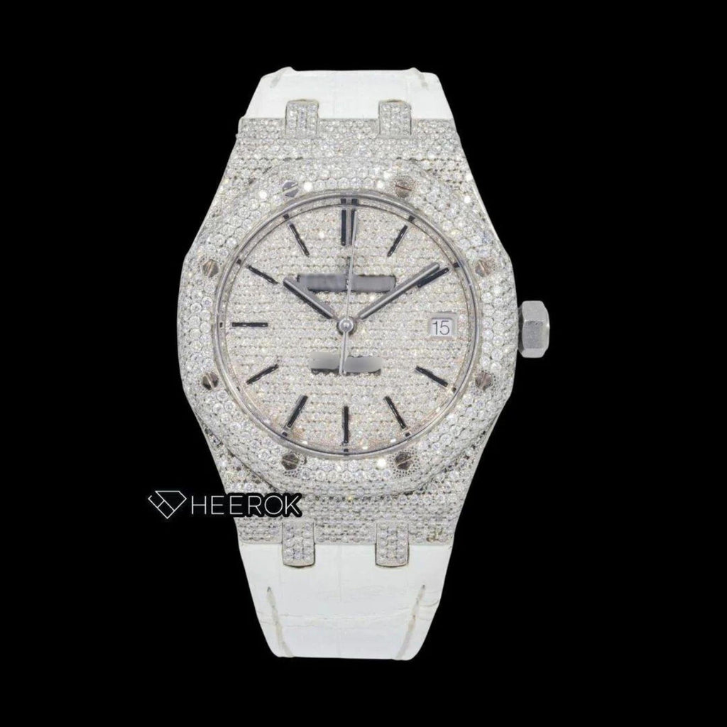 AP Royal Oak Full Pave Diamond Dial Black Stick Markers White Leather Strap Semi Iced Out Moissanite Watch
