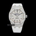 AP Royal Oak Full Pave Diamond Dial Black Stick Markers White Leather Strap Semi Iced Out Moissanite Watch