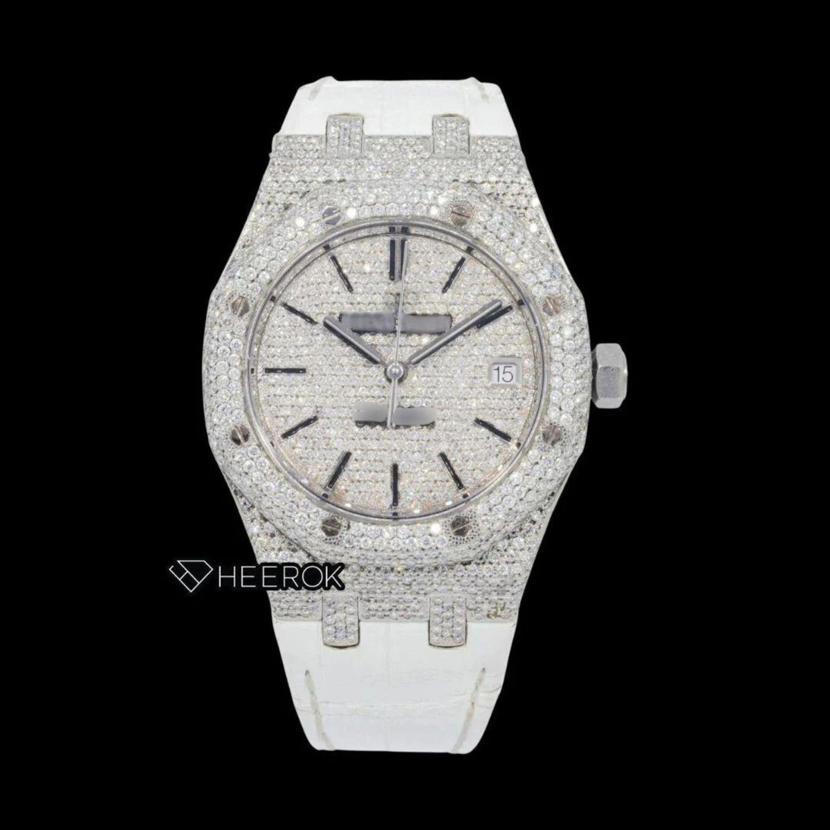 AP Royal Oak Full Pave Diamond Dial Black Stick Markers White Leather Strap Semi Iced Out Moissanite Watch