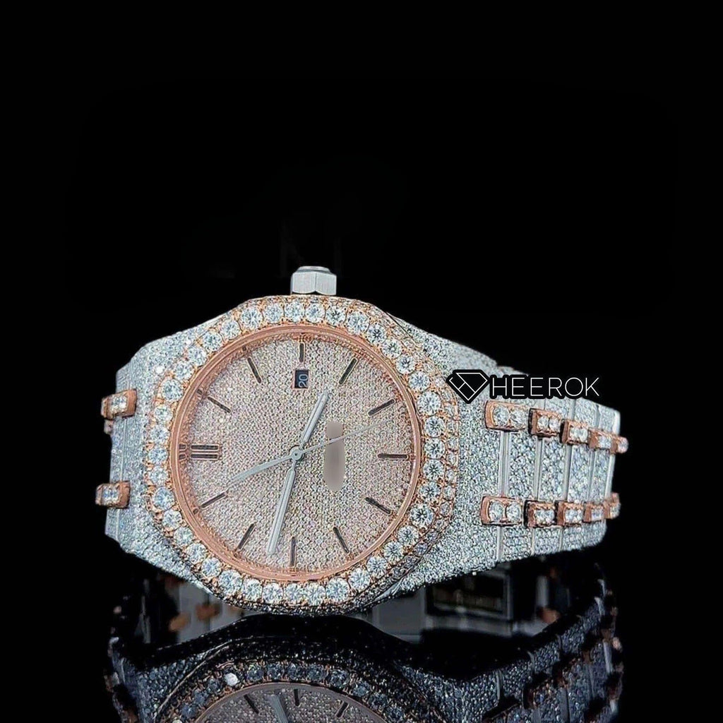 AP Royal Oak Rose Gold Dial Black Stick Markers Diamond Bezel Two Tone Rose Gold Moissanite Diamond Bracelet For Women