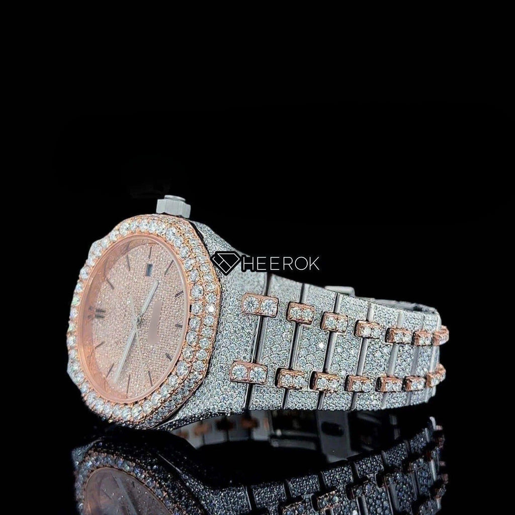 AP Royal Oak Rose Gold Dial Black Stick Markers Diamond Bezel Two Tone Rose Gold Moissanite Diamond Bracelet For Women