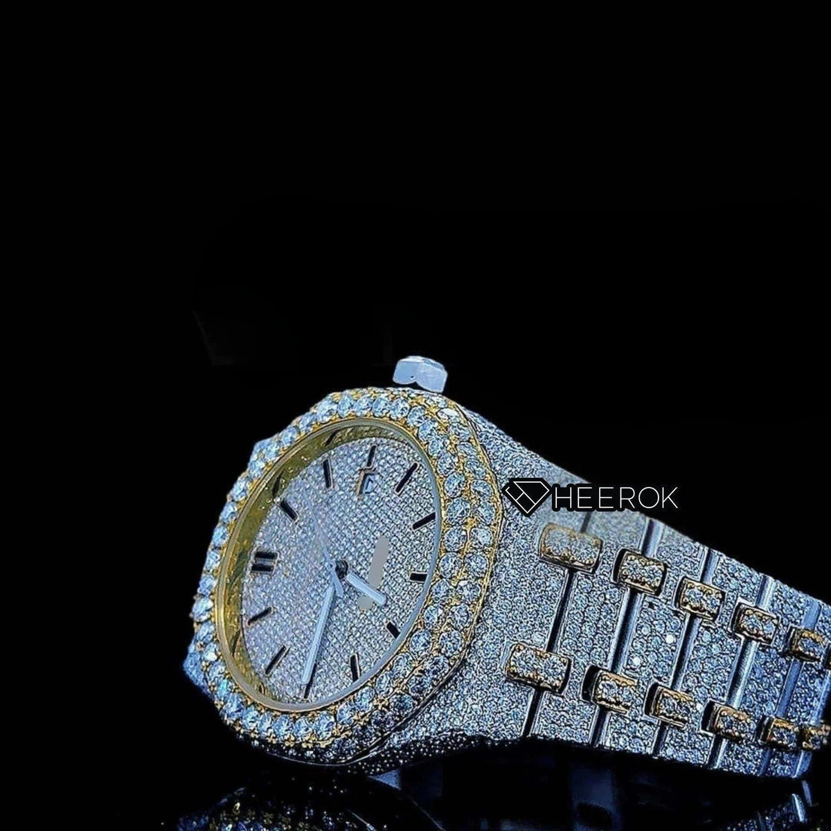 AP Royal Oak Yellow Dial Black Stick Markers Diamond Bezel Two Tone Yellow Gold Moissanite Diamond