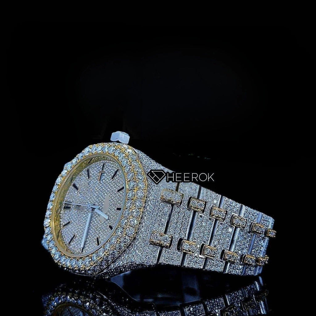 AP Royal Oak Yellow Dial Black Stick Markers Diamond Bezel Two Tone Yellow Gold Moissanite Diamond
