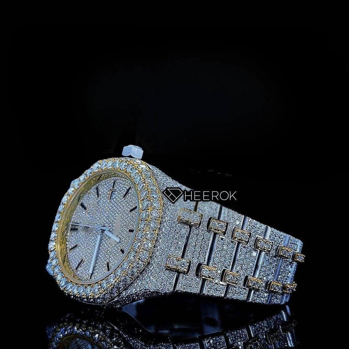 AP Royal Oak Yellow Dial Black Stick Markers Diamond Bezel Two Tone Yellow Gold Moissanite Diamond