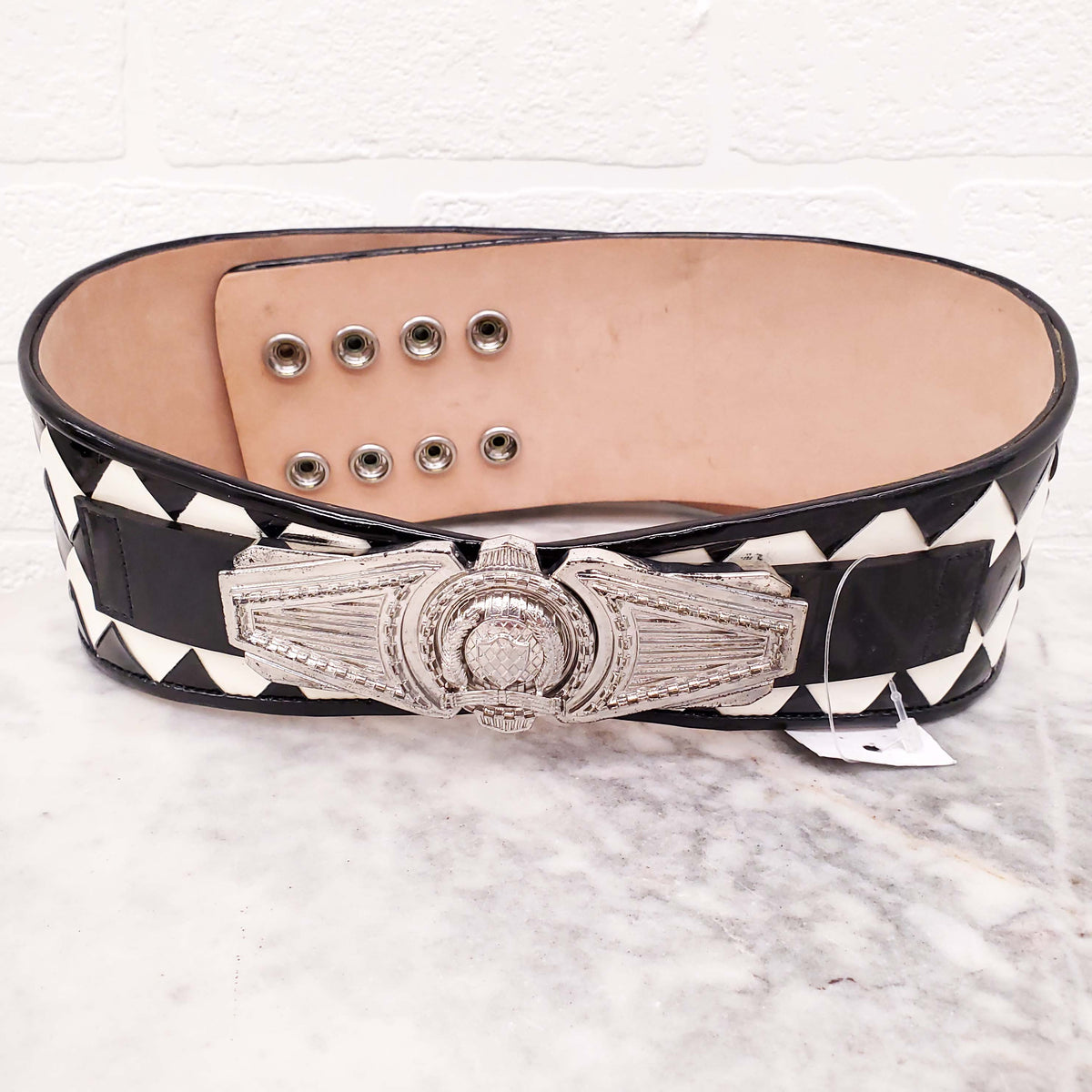 BALMAIN BLACK AND WHITE PATENT WITH SILVER MEDALLIONS WAIST BELT - SIZE 38