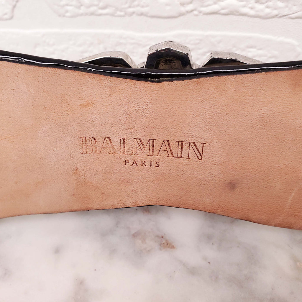 BALMAIN BLACK AND WHITE PATENT WITH SILVER MEDALLIONS WAIST BELT - SIZE 38