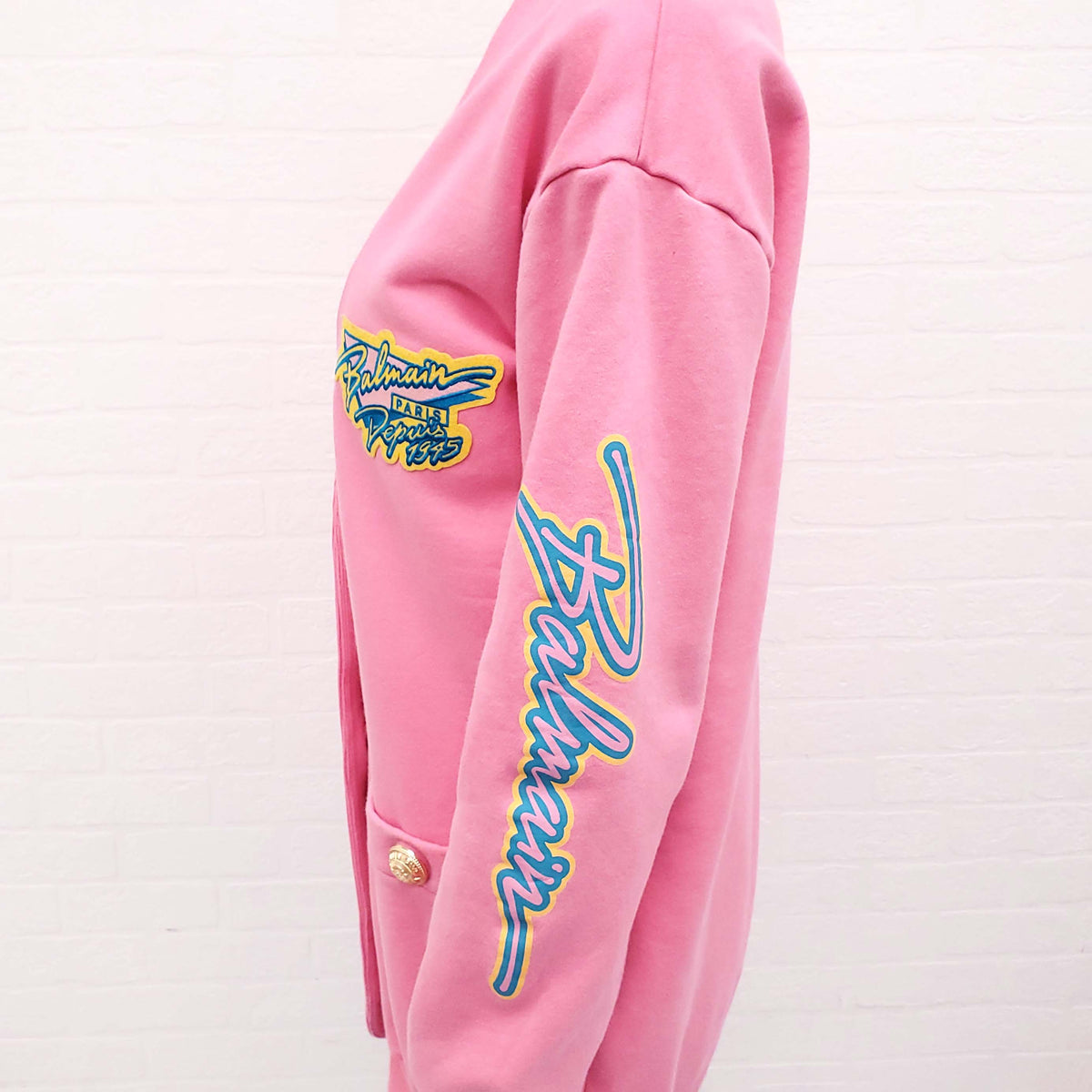 BALMAIN PINK OVERSIZED SWEATSHIRT CARDIGAN WITH LOGO BUTTONS - SIZE 36