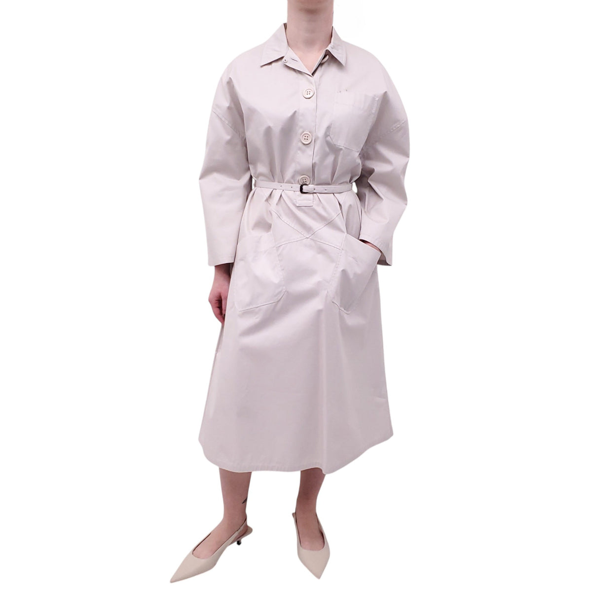 BOTTEGA VENETA BEIGE COTTON TUNIC DRESS WITH BELT - SIZE 40