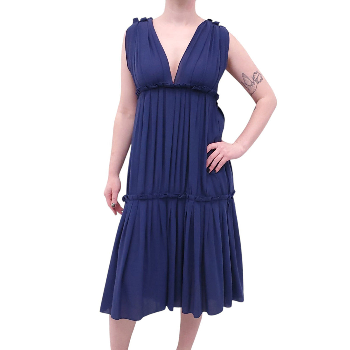 BOTTEGA VENETA NAVY COTTON PLEATED DRESS - SIZE 38