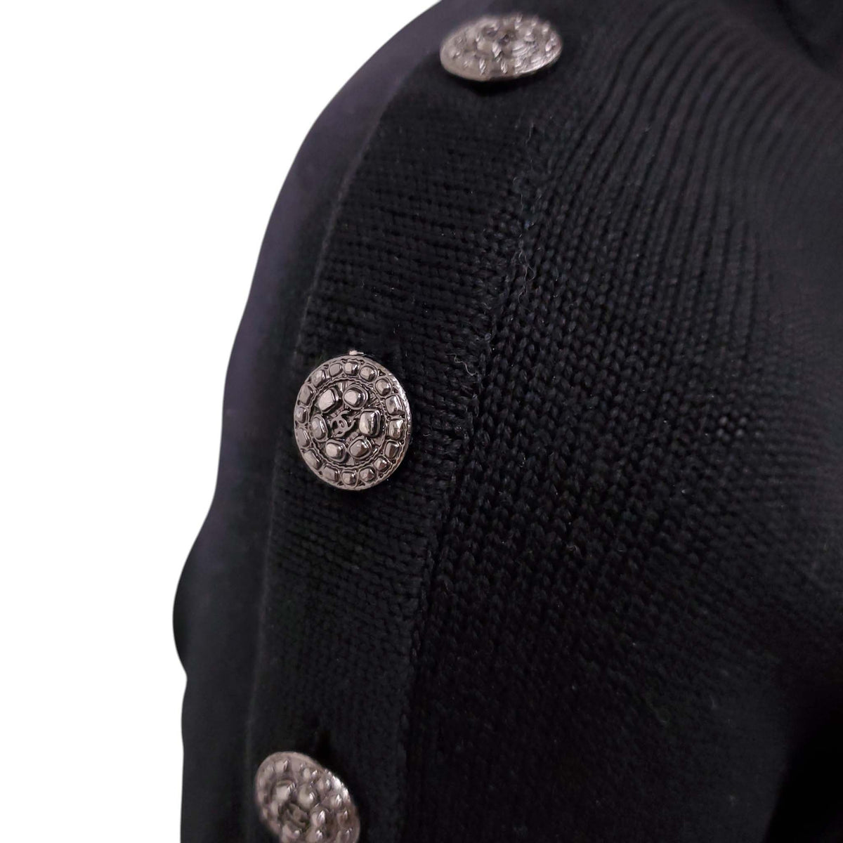 CHANEL BLACK KNIT DRESS WITH SILVER LOGO BUTTONS - SIZE 36