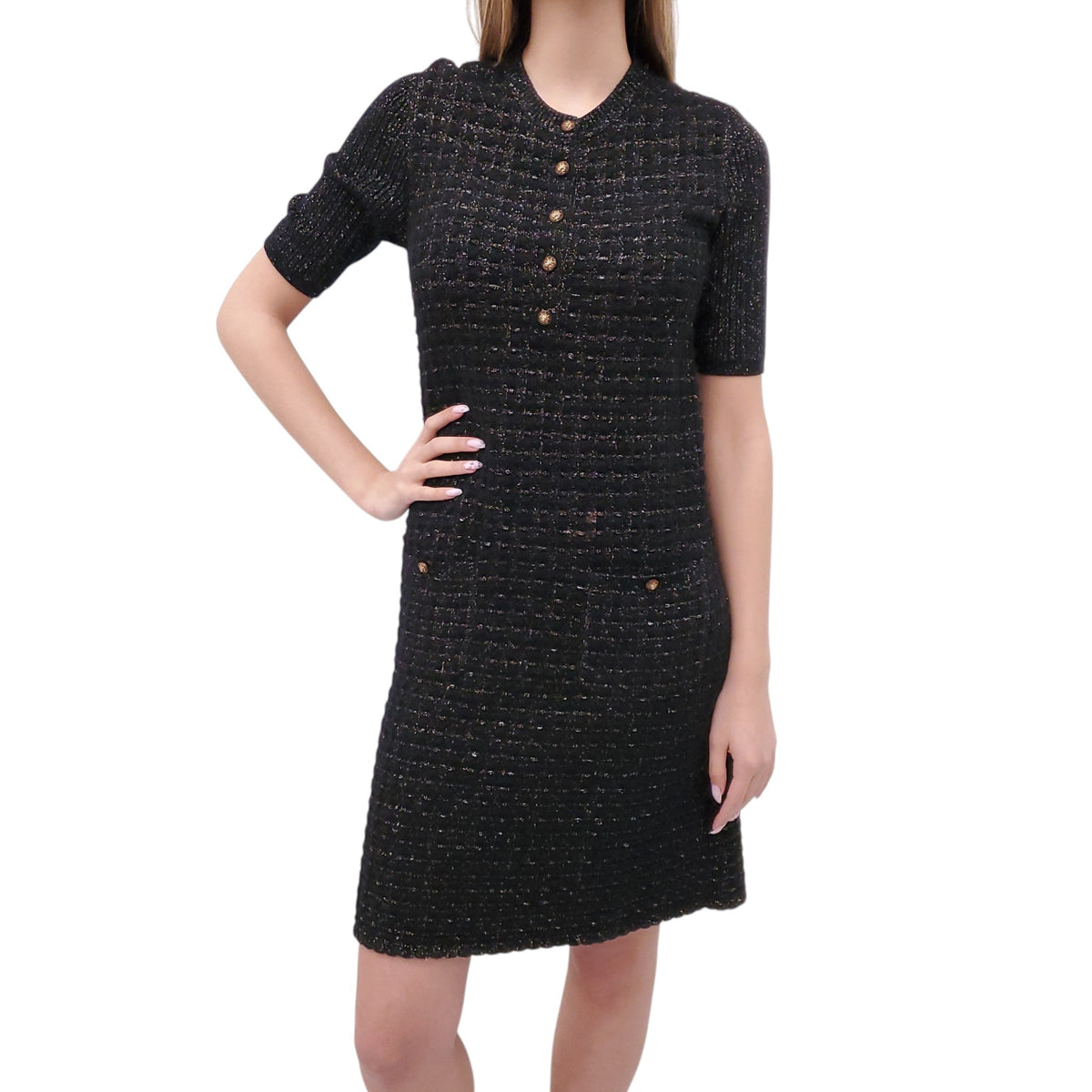 CHANEL METALLIC TWEED SWEATER DRESS - SIZE 38