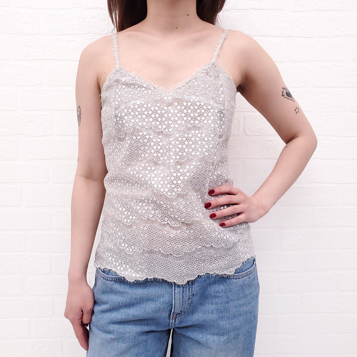 CHANEL SILVER METALLIC TANK TOP - SIZE 34