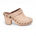 CHANEL VINTAGE NUDE LEATHER STUDDED CLOGS WITH LOGO - SIZE 41