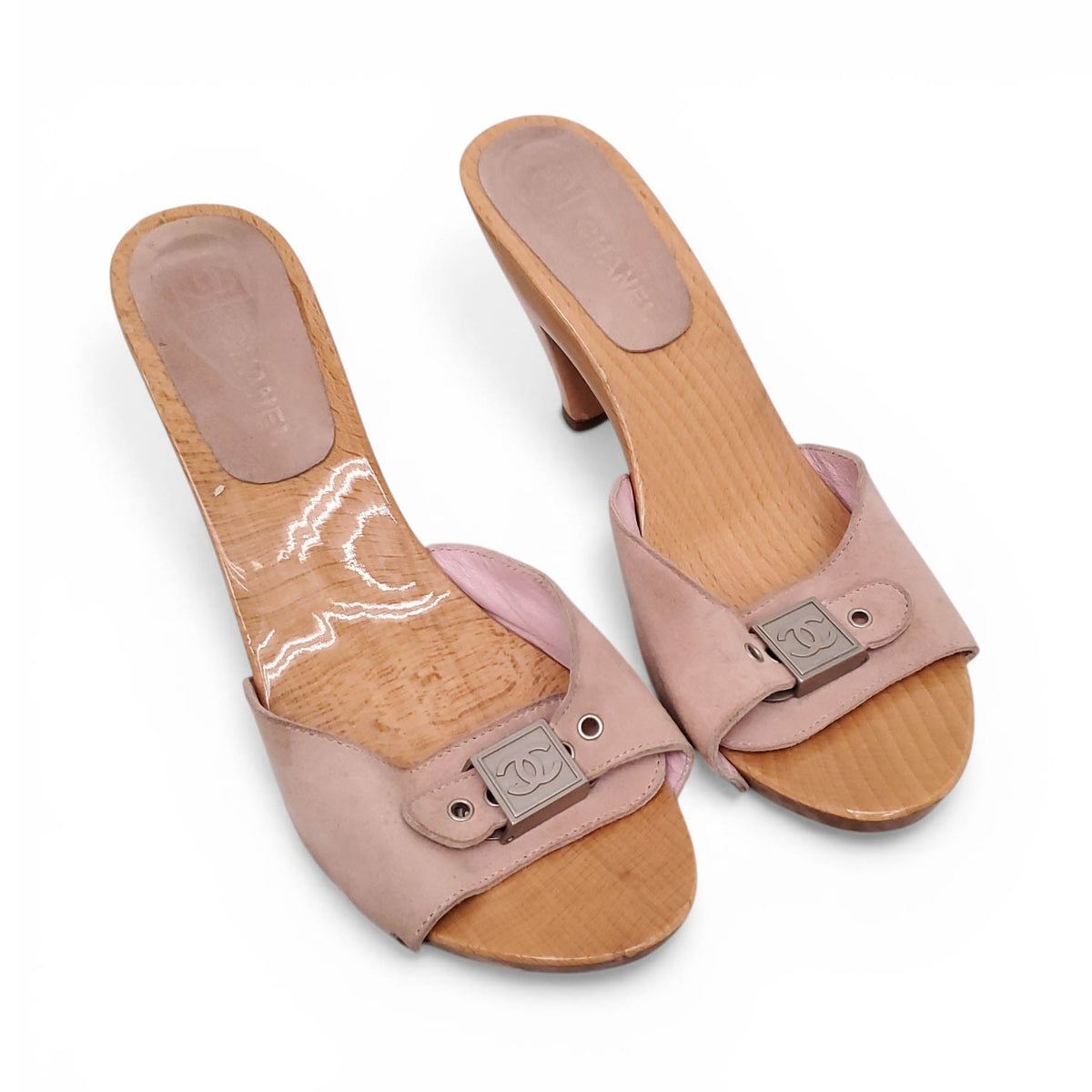 CHANEL VINTAGE PINK SUEDE WOODEN HEELS WITH LOGO BUCKLE - SIZE 40