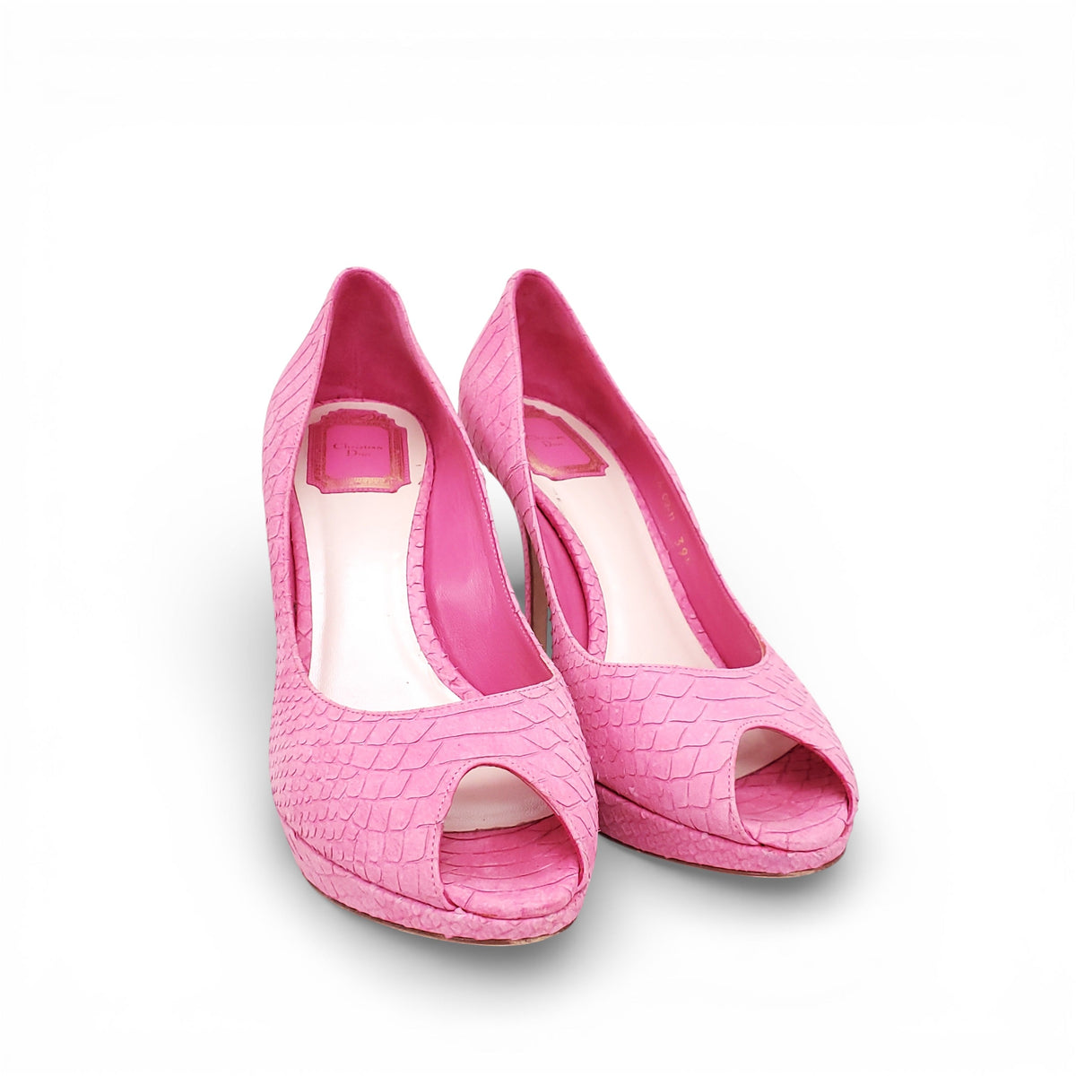 CHRISTIAN DIOR PINK SUEDE SNAKESKIN PEEP TOE HEELS - SIZE 39.5