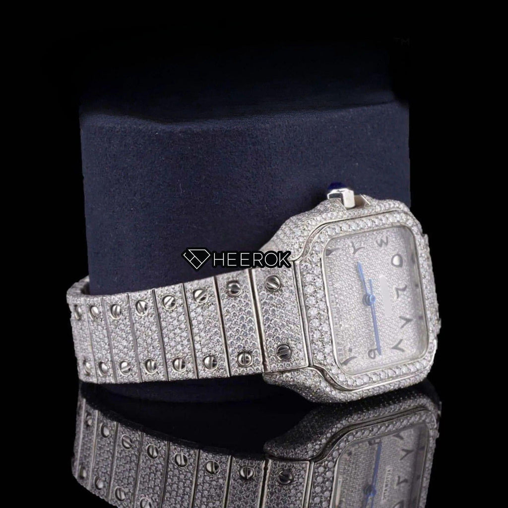 Cartier Santos Black Arabic Numerals White Dial Diamond Bezel Fully Iced Moissanite Diamond For Women