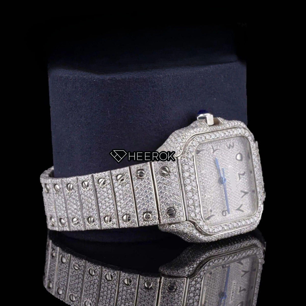 Cartier Santos Black Arabic Numerals White Dial Diamond Bezel Fully Iced Moissanite Diamond For Women