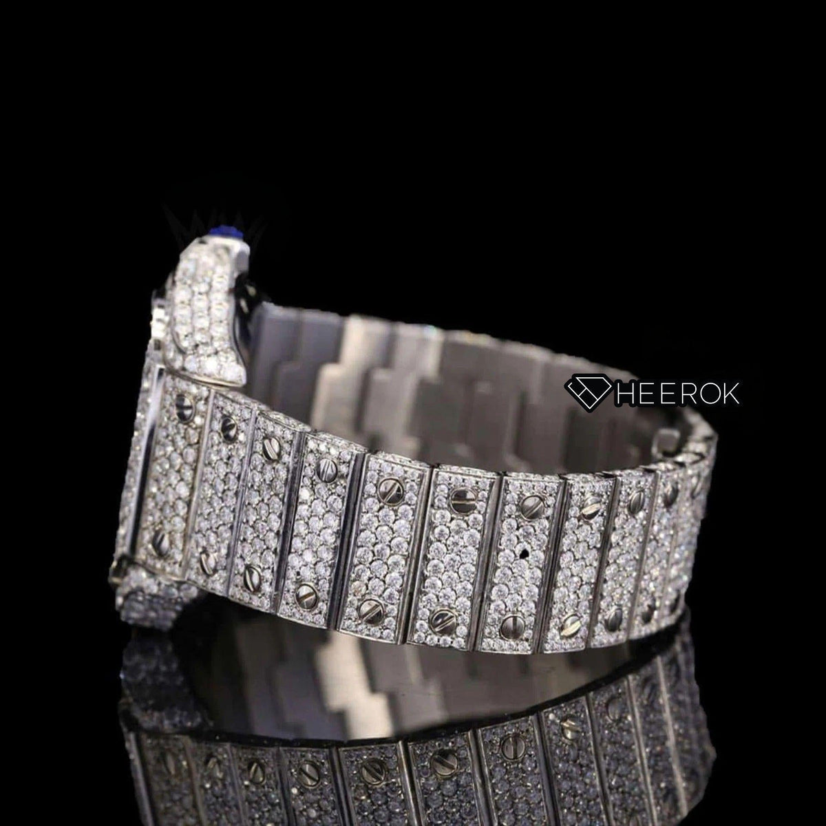 Cartier Santos Black Roman Numerals White Dial Diamond Bezel Fully Iced Moissanite Diamond