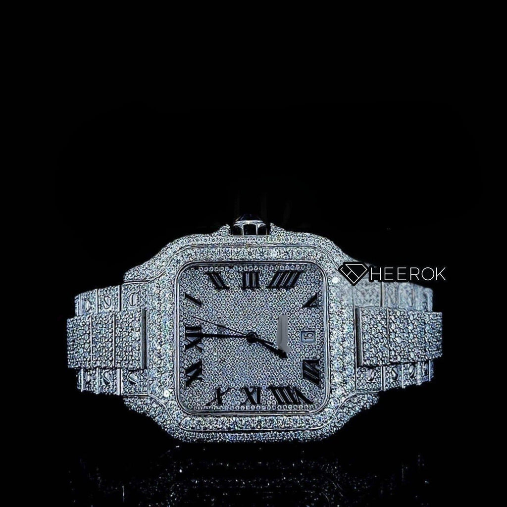 Cartier Santos Full Pave Dial Black Roman Numerals Diamond Bezel Fully Iced Moissanite Diamond