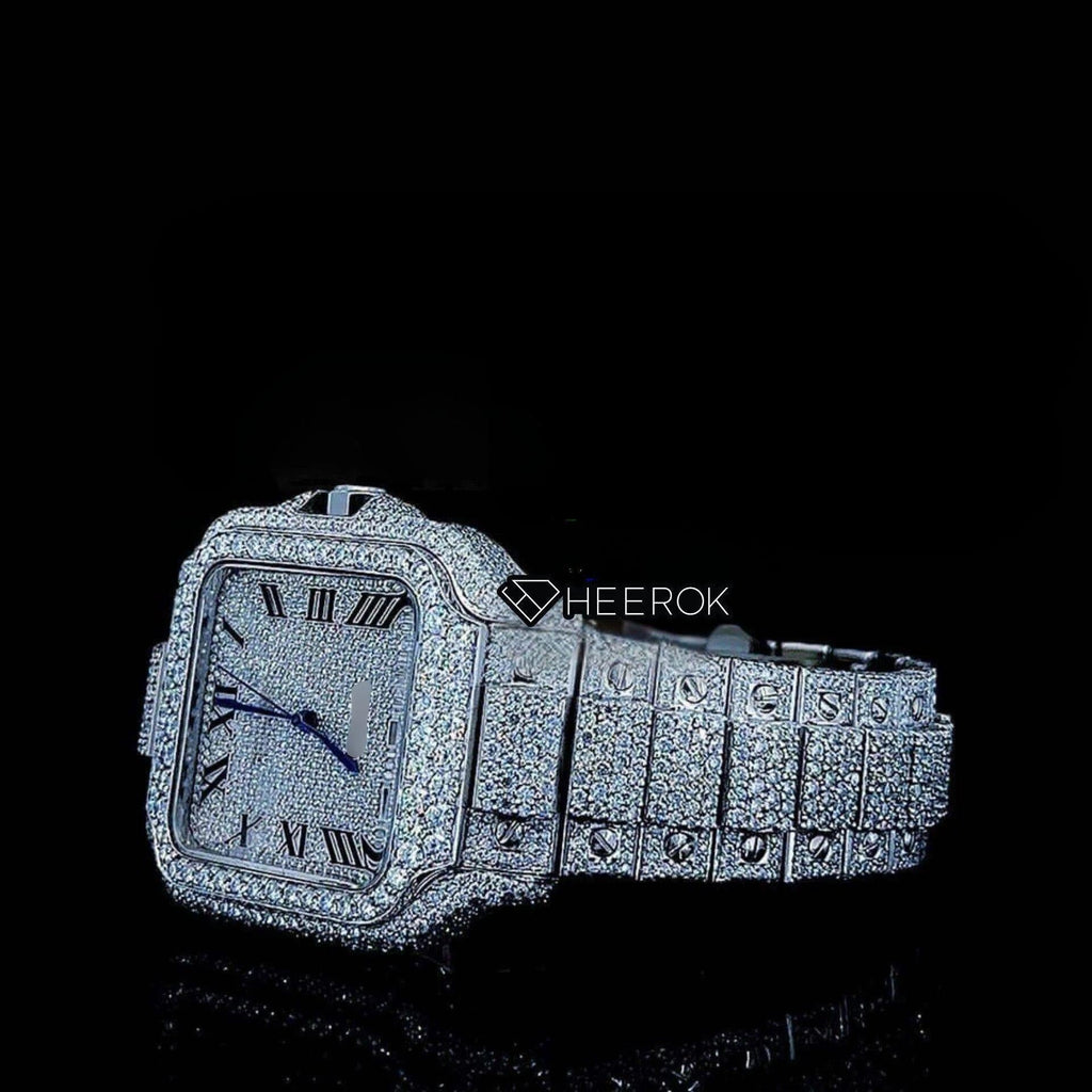 Cartier Santos Full Pave Dial Black Roman Numerals Diamond Bezel Fully Iced Moissanite Diamond