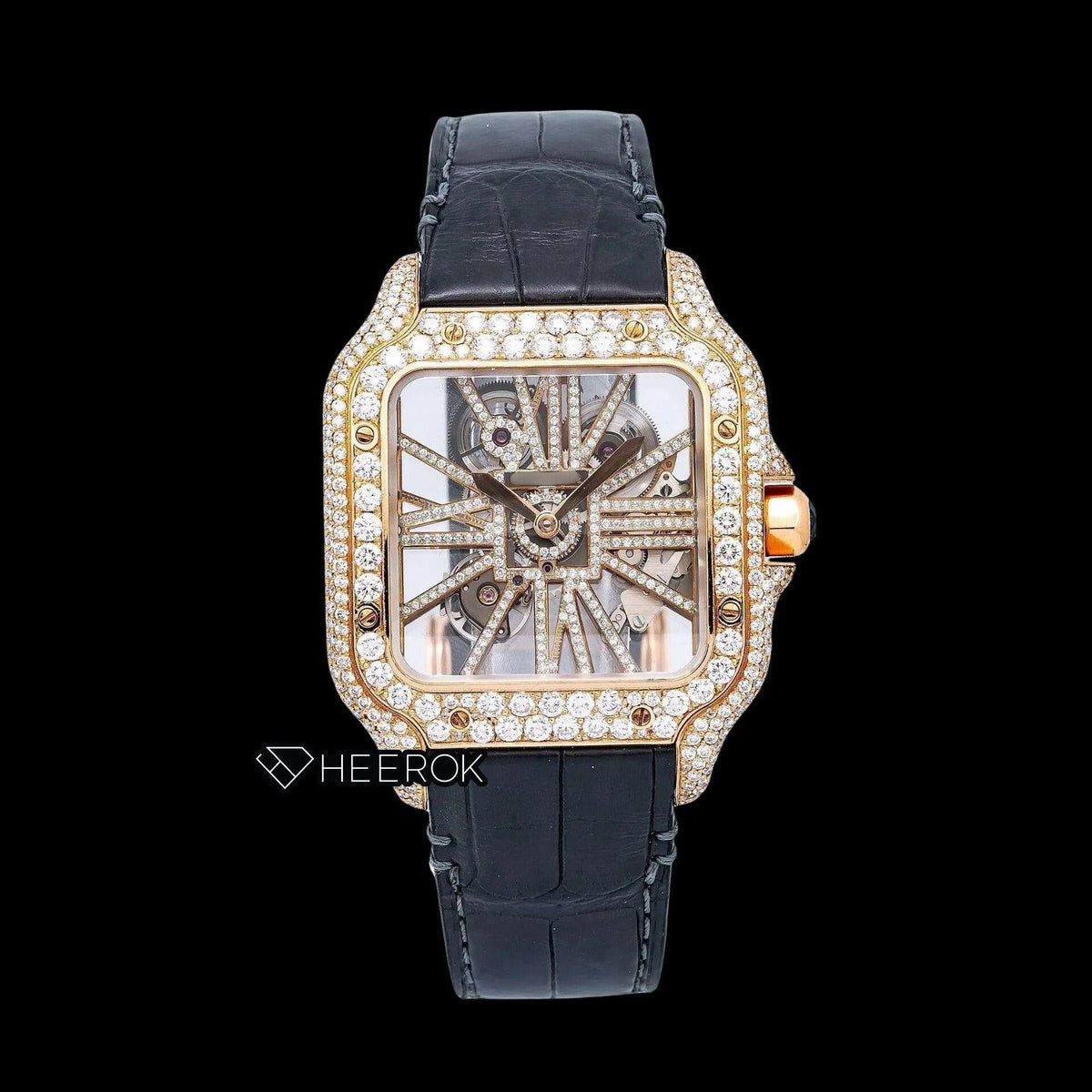 Cartier Santos Rose Gold Skeleton Dial Diamonds Bezel Black Leather Strap Semi Iced Moissanite Diamond Watch