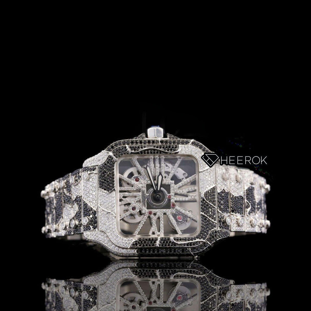 Cartier Santos Skeleton Dial Black and White Diamond Bezel Two Tone Bracelet Moissanite Diamond