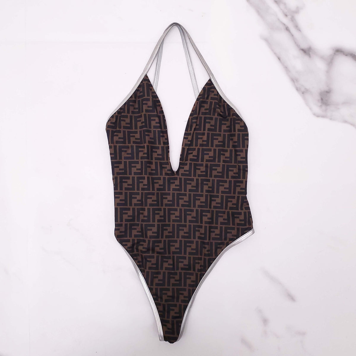 FENDI LOGO SWIMSUIT WITH SILVER DETAILS - SIZE 46