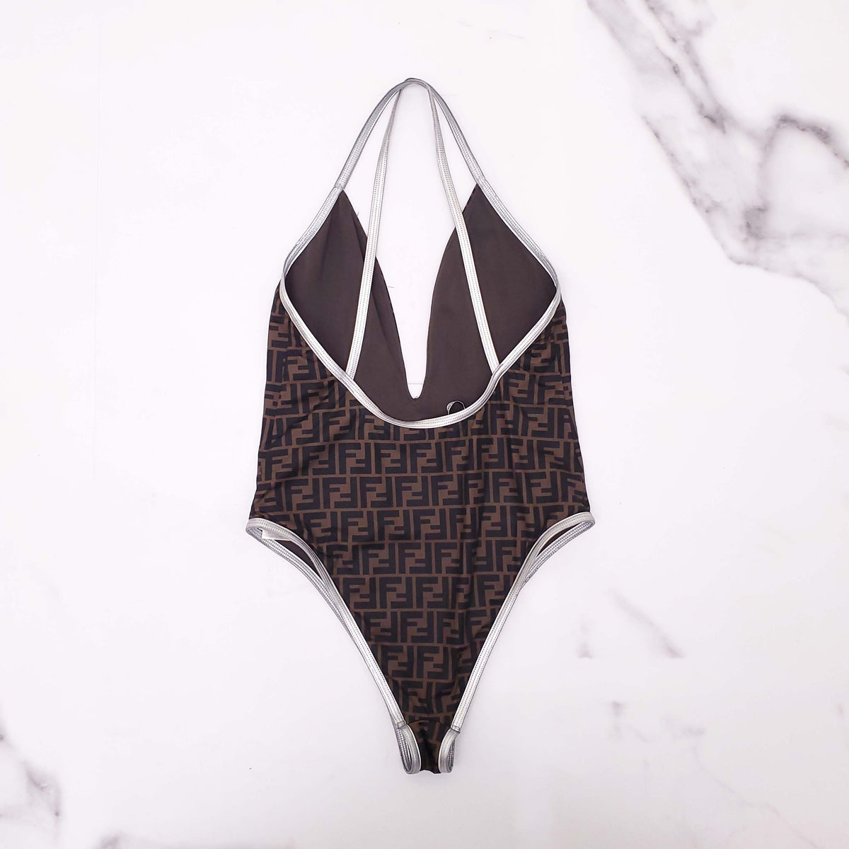 FENDI LOGO SWIMSUIT WITH SILVER DETAILS - SIZE 46