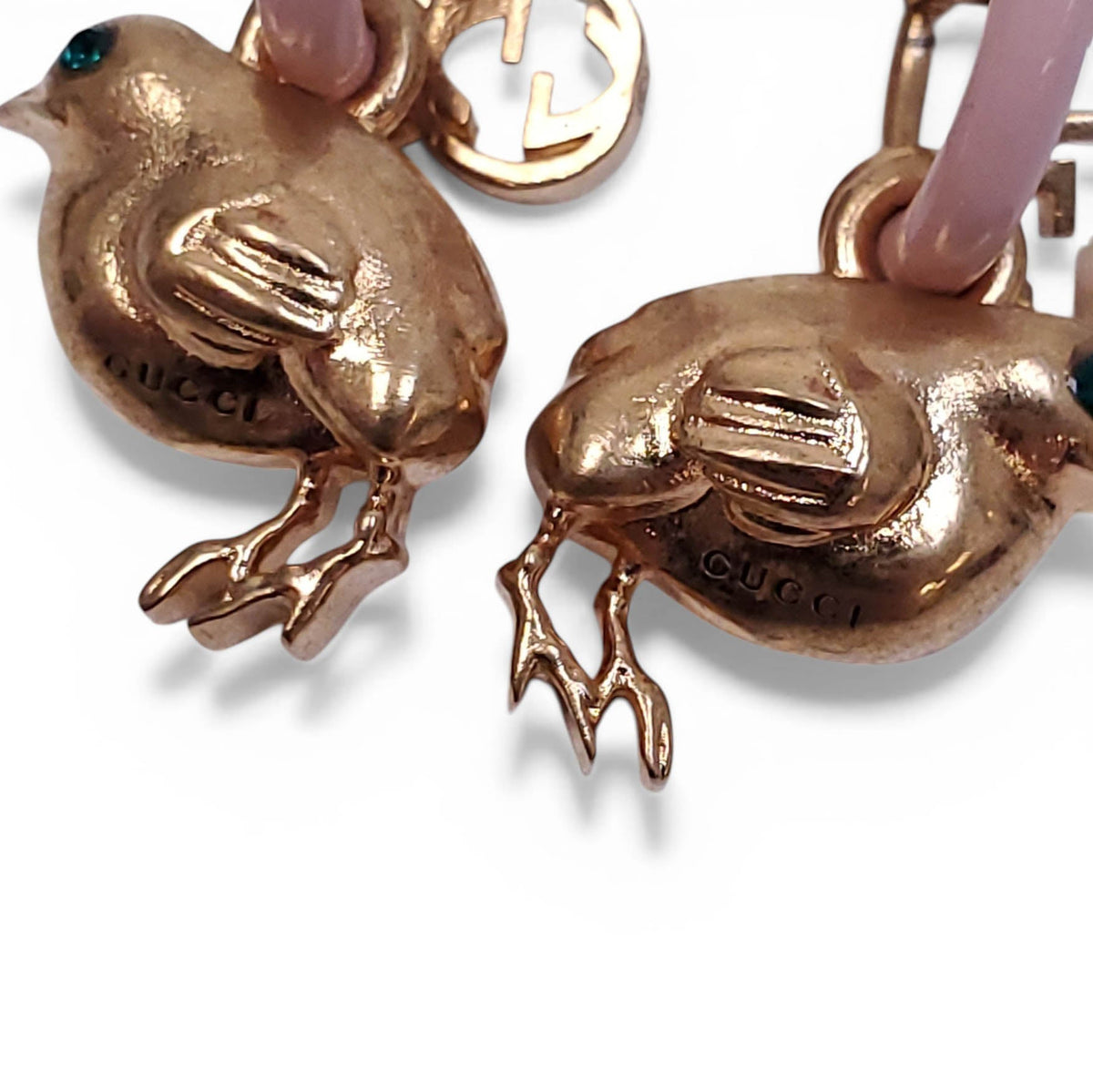 GUCCI CRYSTAL AND PINK ENAMEL BIRD HOOP EARRINGS WITH LOGO