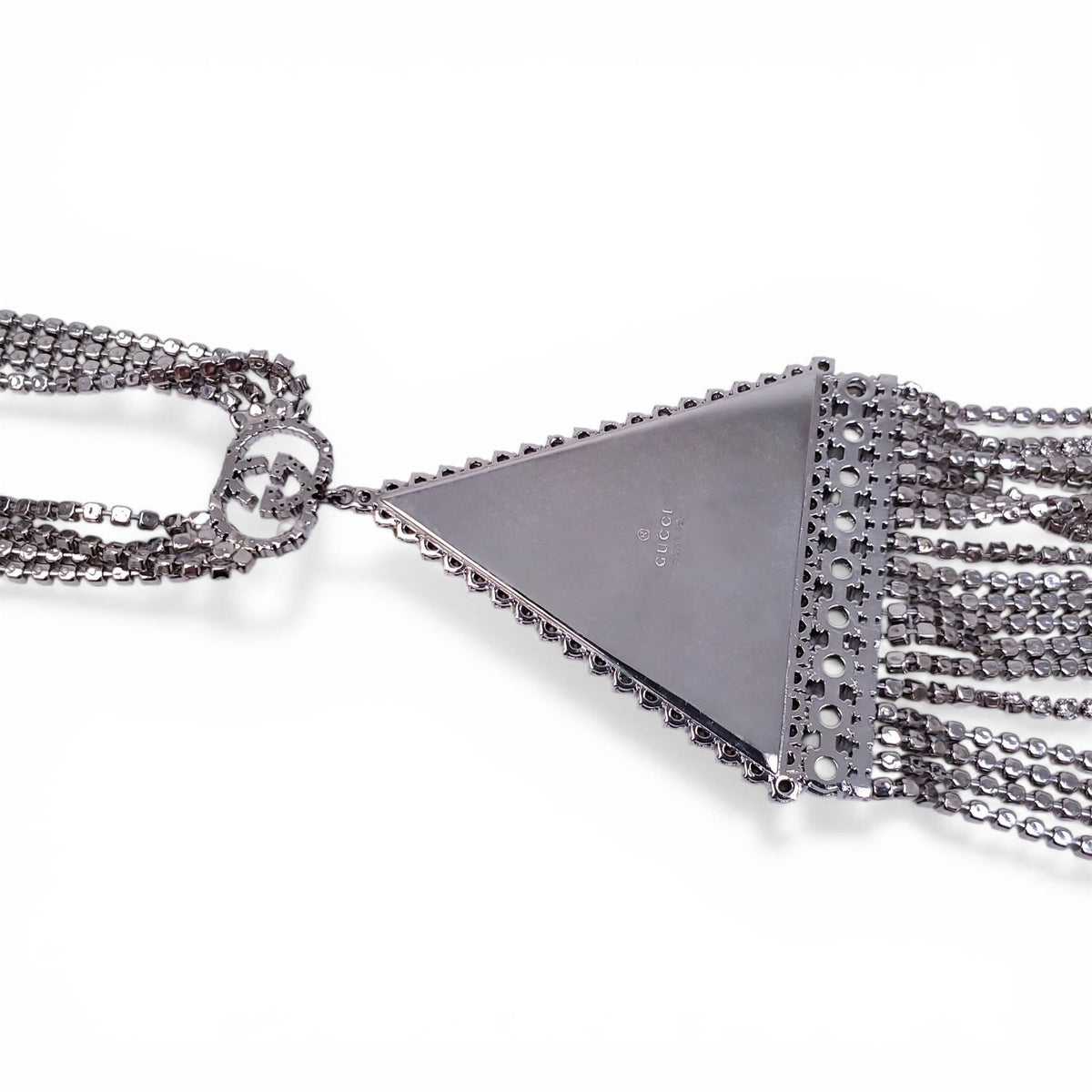 GUCCI CRYSTAL LOGO TRAINGLE FRINGE NECKLACE