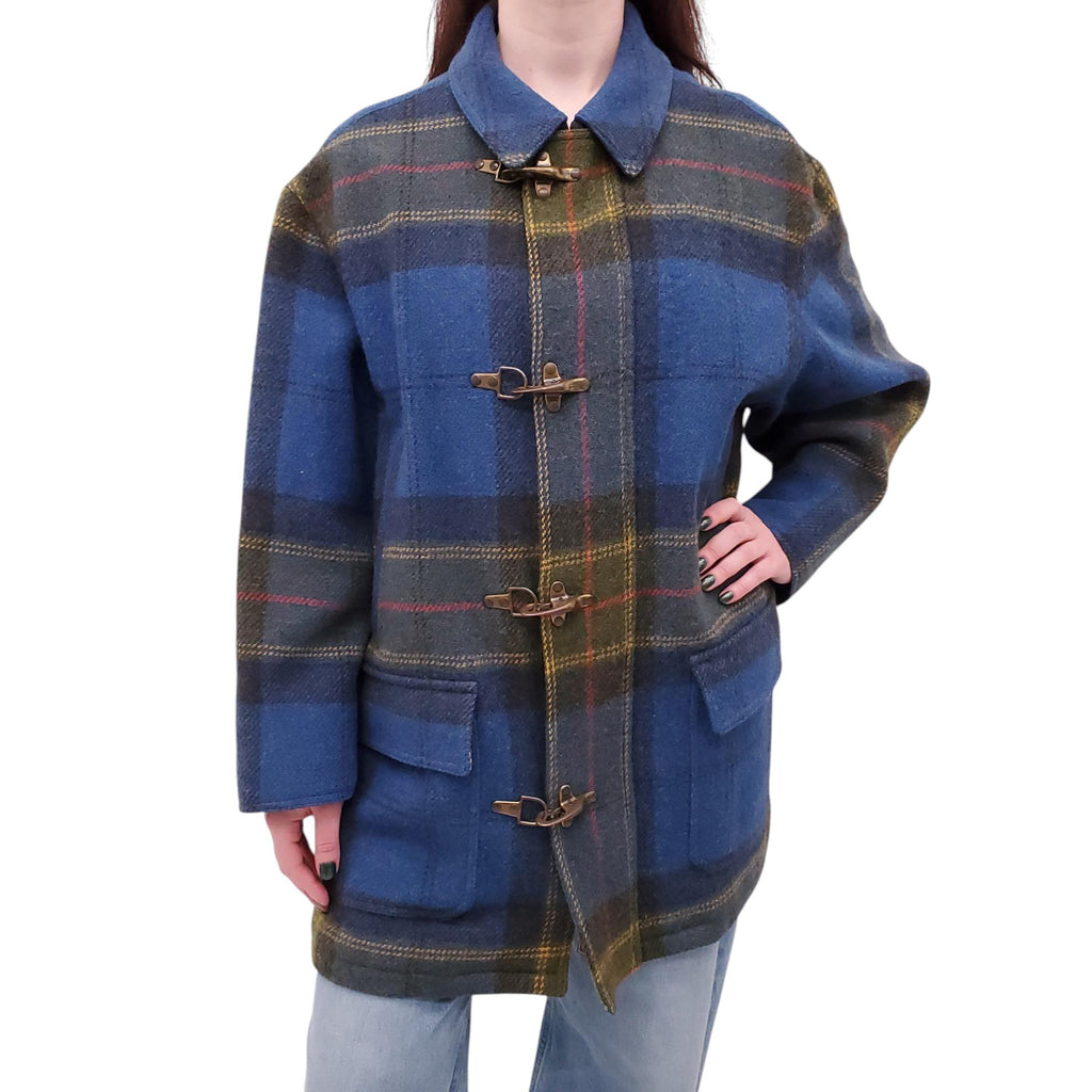 HERMÈS UNISEX VINTAGE PLAID WOOL TOGGLE COAT - SIZE 48