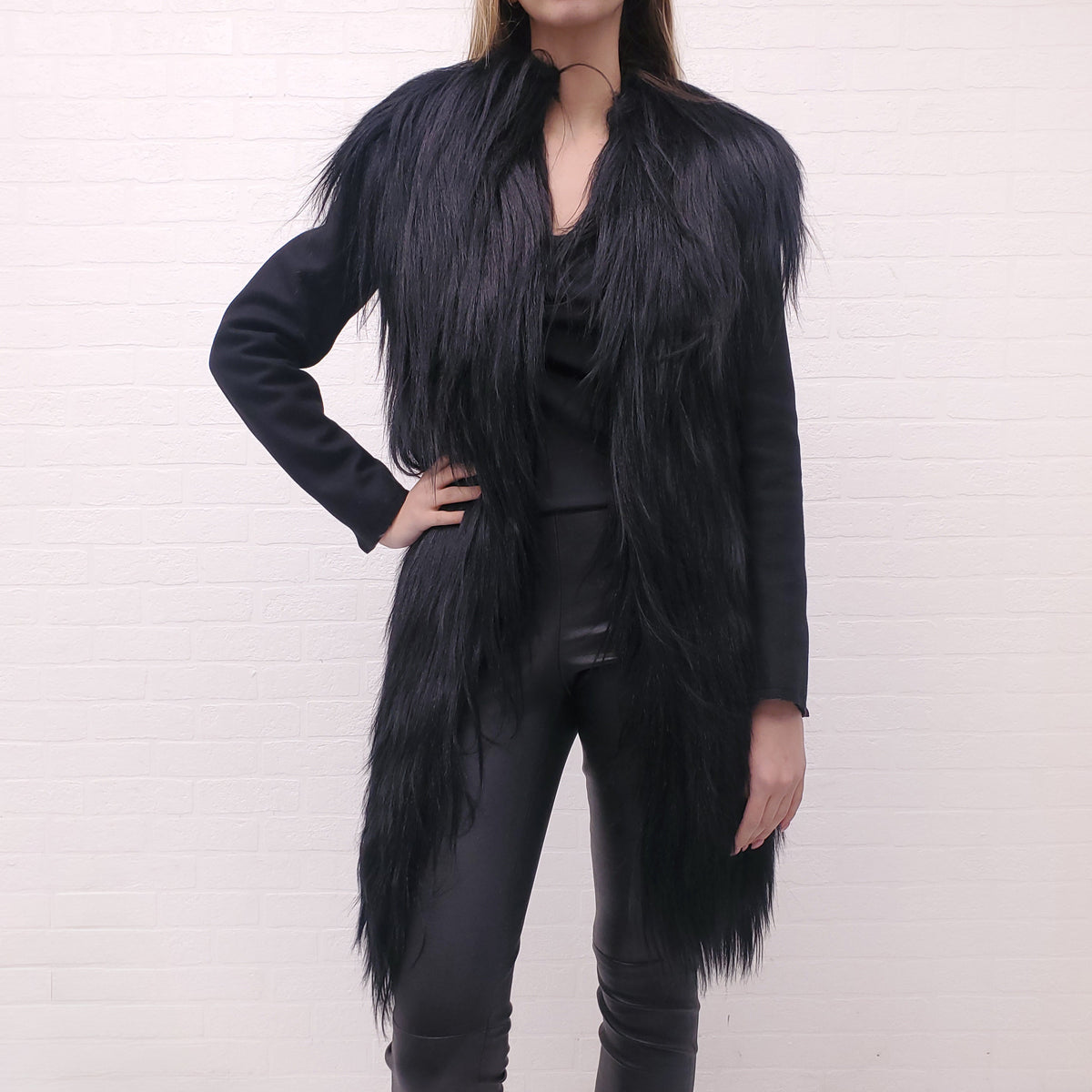 MAISON MARGIELA BLACK GOAT HAIR ASYMMETRICAL JACKET WITH CUT OUT DETAILS - SIZE 40