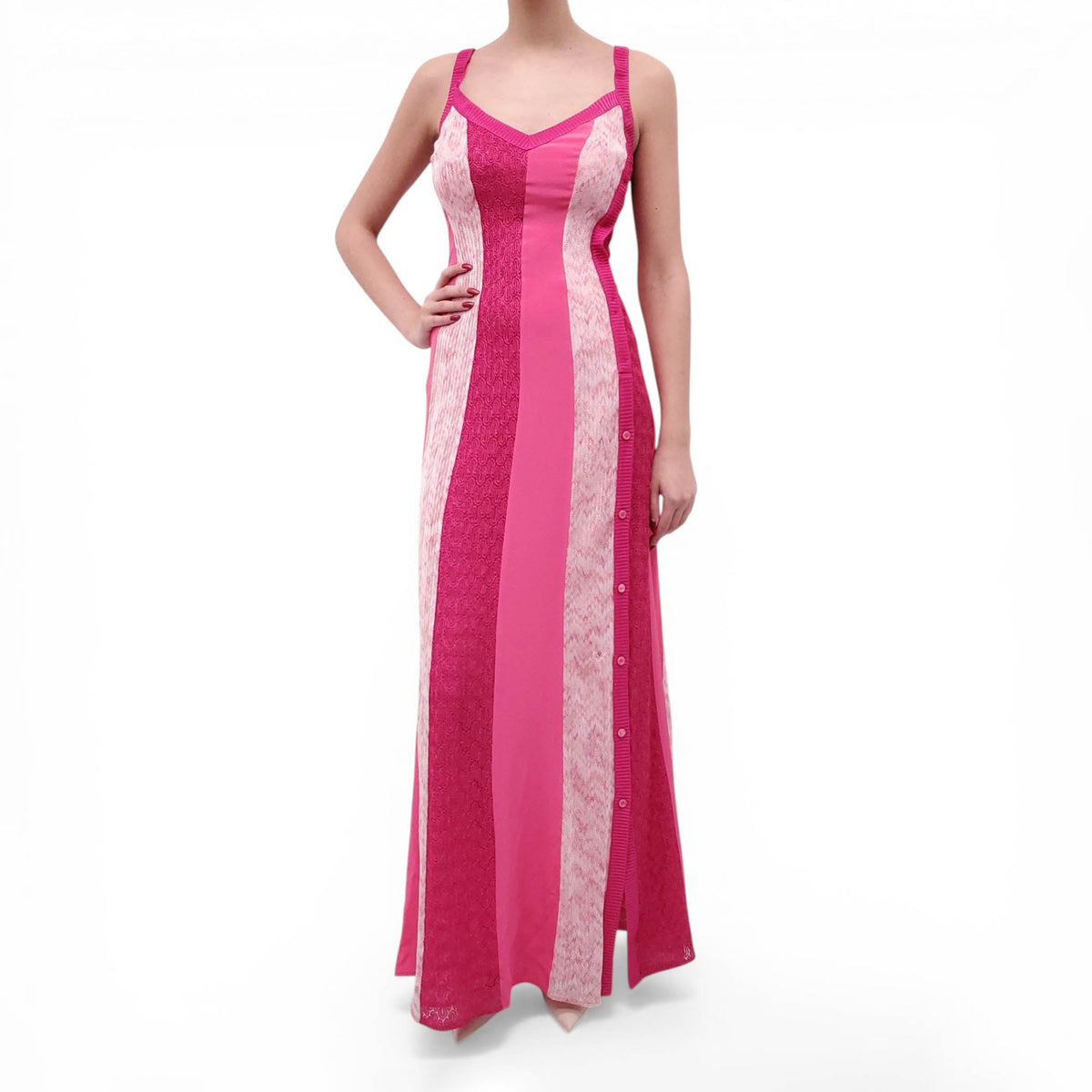 MISSONI PINK STRIPED DRESS WITH BUTTON DETAIL - SIZE 38