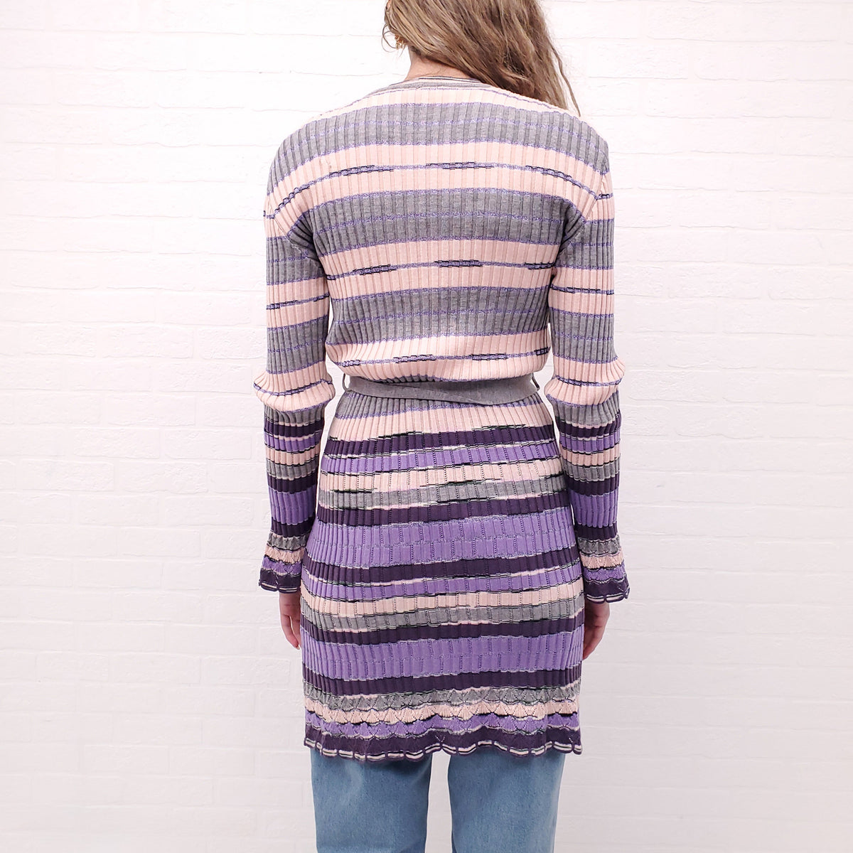 MISSONI VINTAGE PINK AND GREY STRIPED CARDIGAN WITH TIE - SIZE 46
