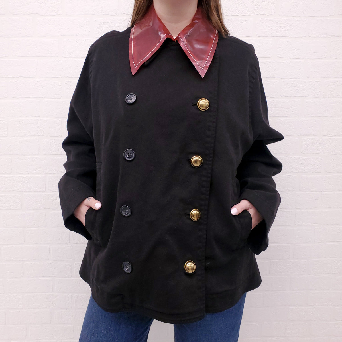 Nº21 DENIM JACKET WITH RED PVC COLLAR - SIZE 44
