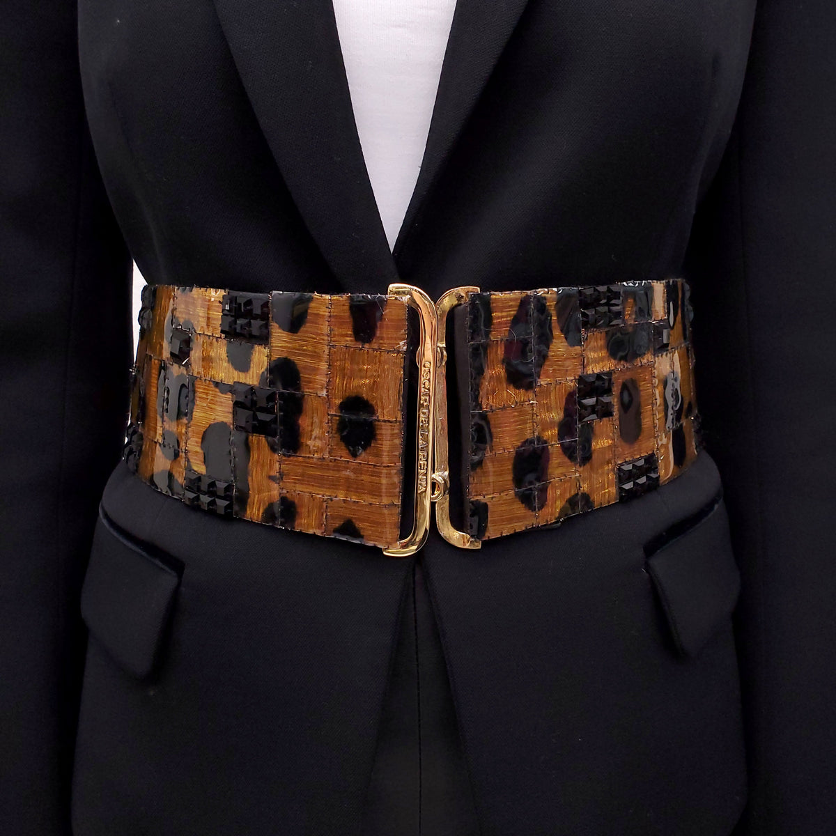 OSCAR DE LA RENTA LEOPARD PATENT WAIST BELT - SIZE M