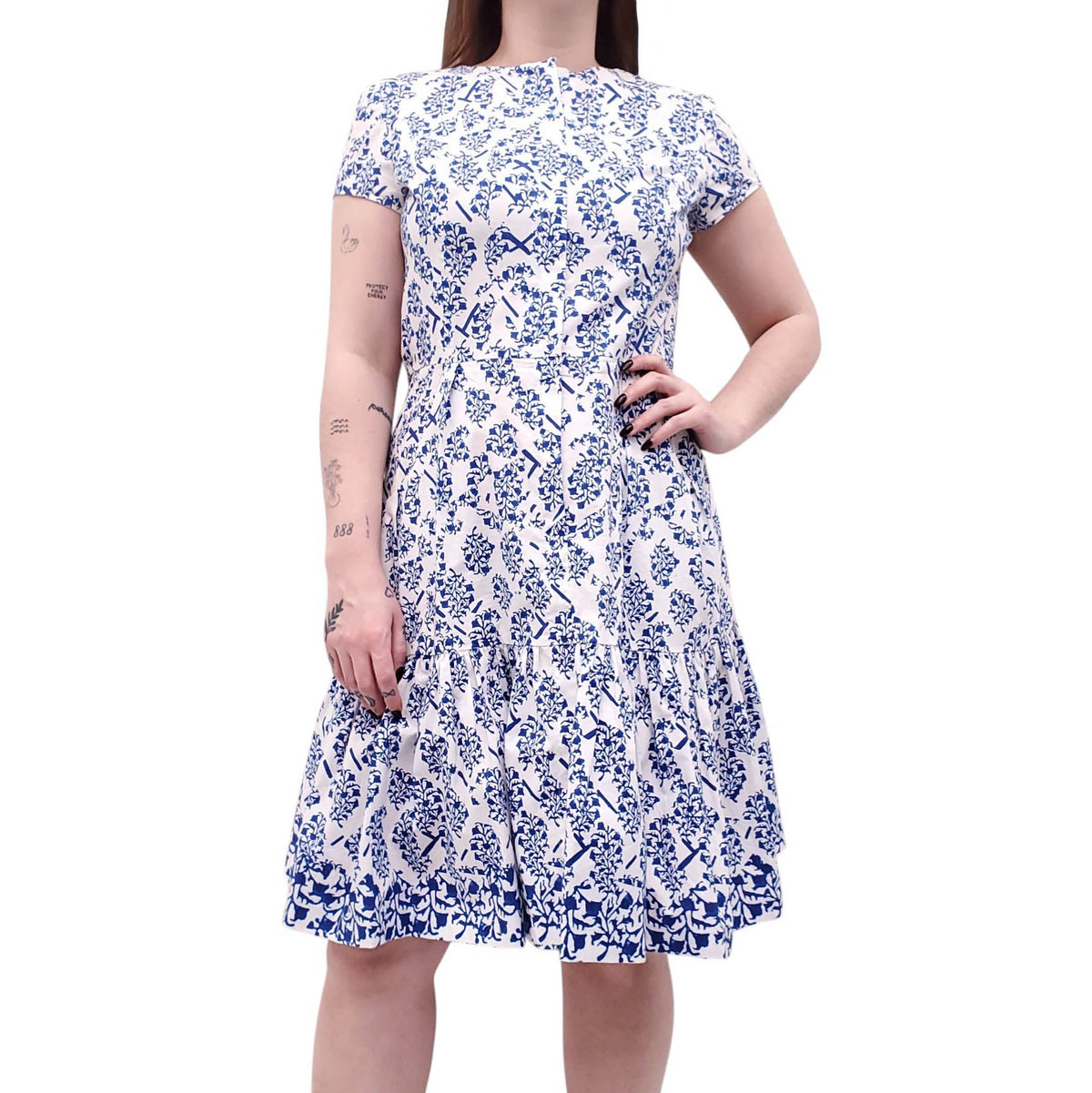 OSCAR DE LA RENTA WHITE AND BLUE COTTON FLORAL DRESS - SIZE 12