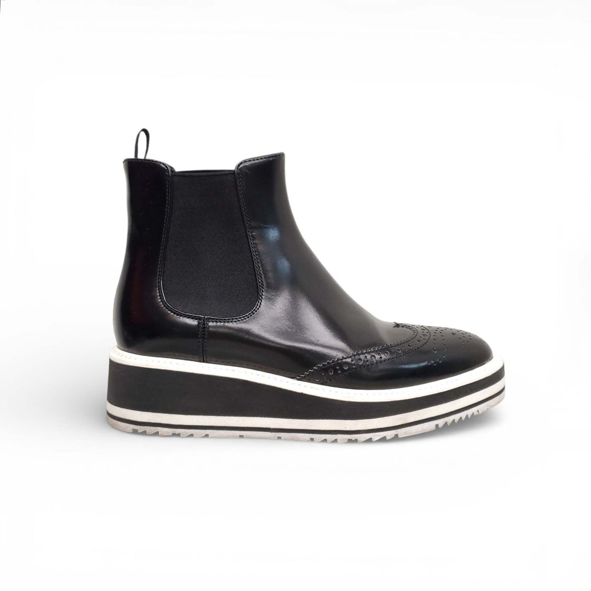 PRADA BLACK AND WHITE SPECTATOR CHELSEA BOOTS - SIZE 35.5