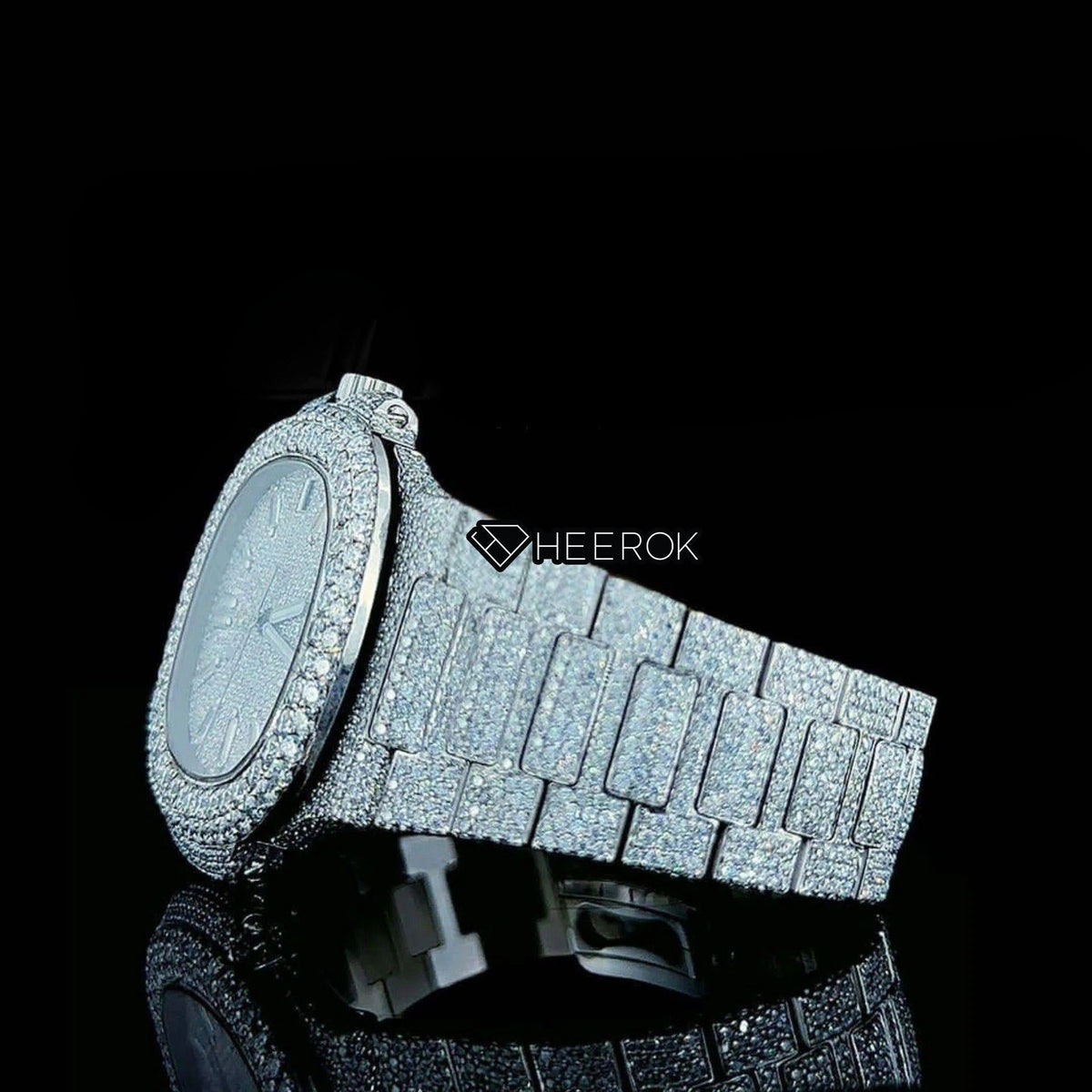 Patek Philippe Nautilus Full Pave Dial Baguette Diamond Hour Markers Diamond Bezel Fully Iced Moissanite Diamond
