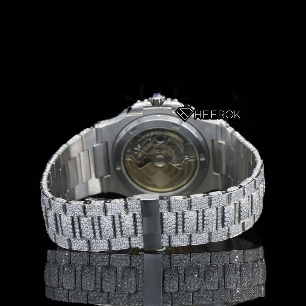 Patek Philippe Nautilus Full Pave Dial Stick Markers Diamond Bezel Fully Iced Moissanite Diamond