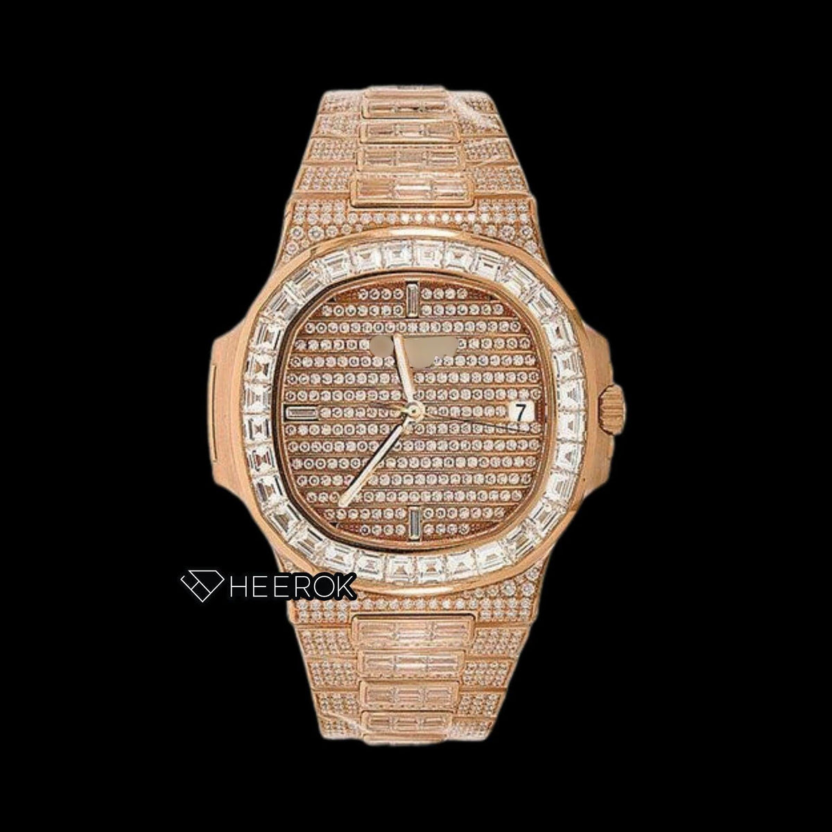 Patek Philippe Nautilus Rose Gold Pave Dial Baguette Diamond Bezel Fully Iced Moissanite Diamond Watch